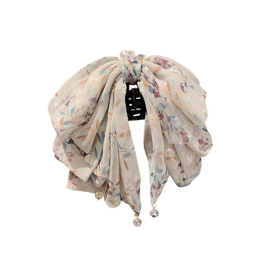 French Style Chiffon Hair Claw Large Women Hair Grab Clip Crystal Bow Shark Clip  Daily