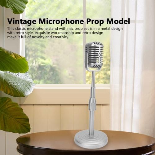 Vintage Microphone Toy Prop, Classic Retro Dynamic Microphone, Simulation Old-Fashioned Microphone with Stable Base and Support Rod for Photography (S