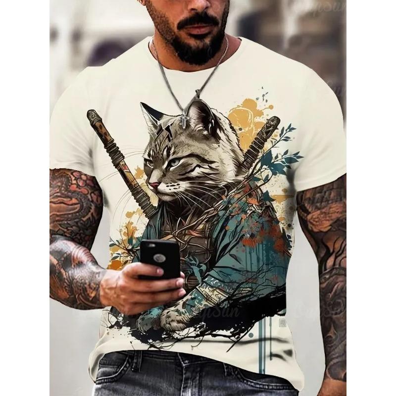 Мужская футболка в стиле рубашки с графикой кота-самурая, модная футболка с 3D-принтом, повседневная футболка с коротким рукавом, мужская одежда большого размера