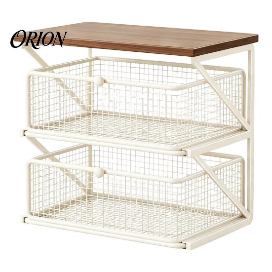 Dust Proof Storage Drawer Coffee Station Organizer with Drawer, Tiered Bar Organizer, Wooden Top Shelf, Small Desktop Furniture Wire Mesh Drawers for