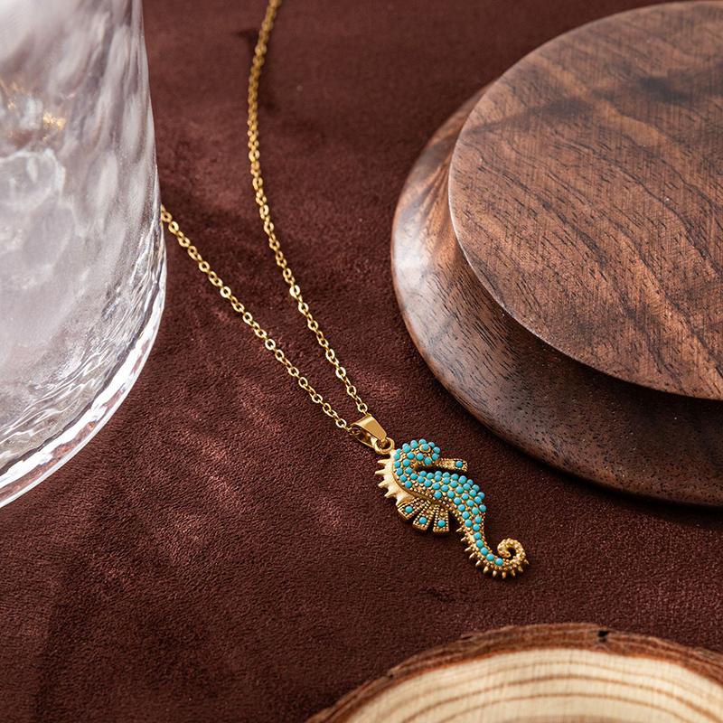 Stainless Steel Seahorse Pendant Necklace Turquoise Boho Ocean Jewelry For Women