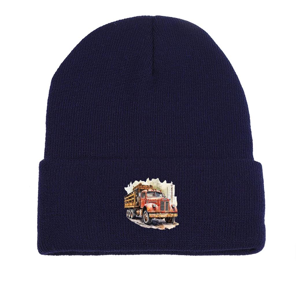 Vintage Pickup Truck Print Knit Cap Beanie, Skull Cap Windproof Fit Trendy Gorro Knitted Hat Beanie