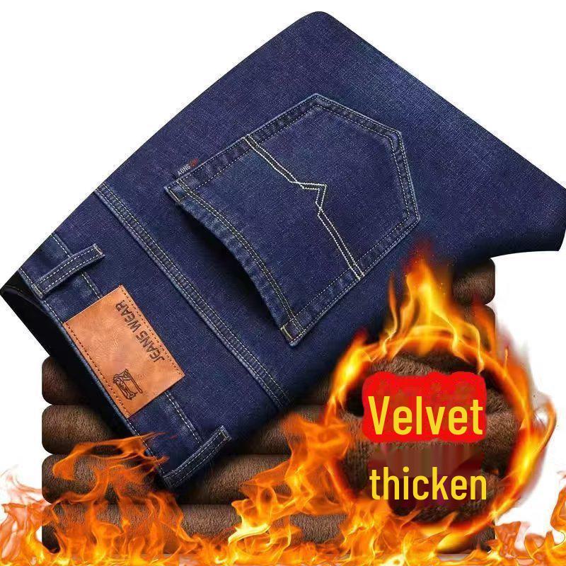 Мужские плюшевые толстые прямые джинсы: Теплые, свободные, непромокаемые брюки для активного отдыха на осень и зиму