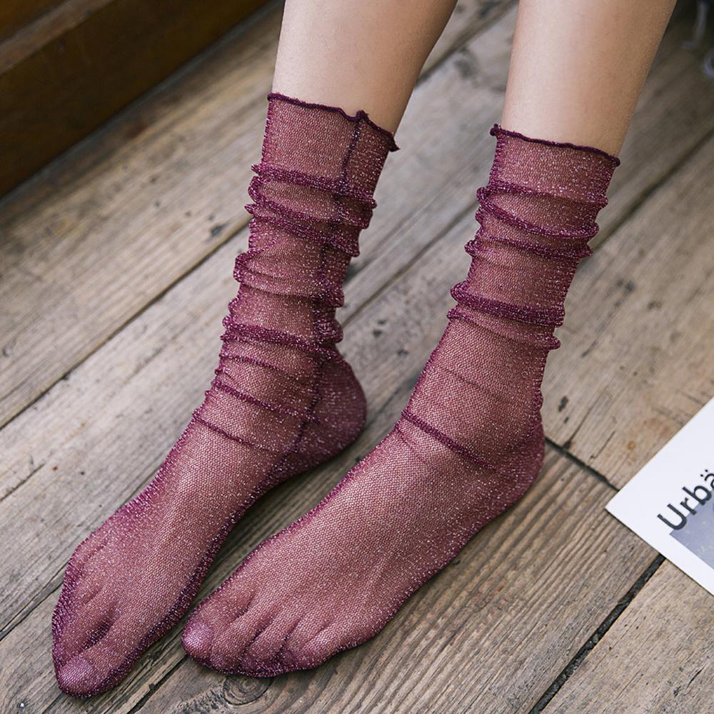 Женские ультратонкие носки с оборками, блестящие, тонкие, модные, из тюля, сетчатые носки, чулочно-носочные изделия, нейлон