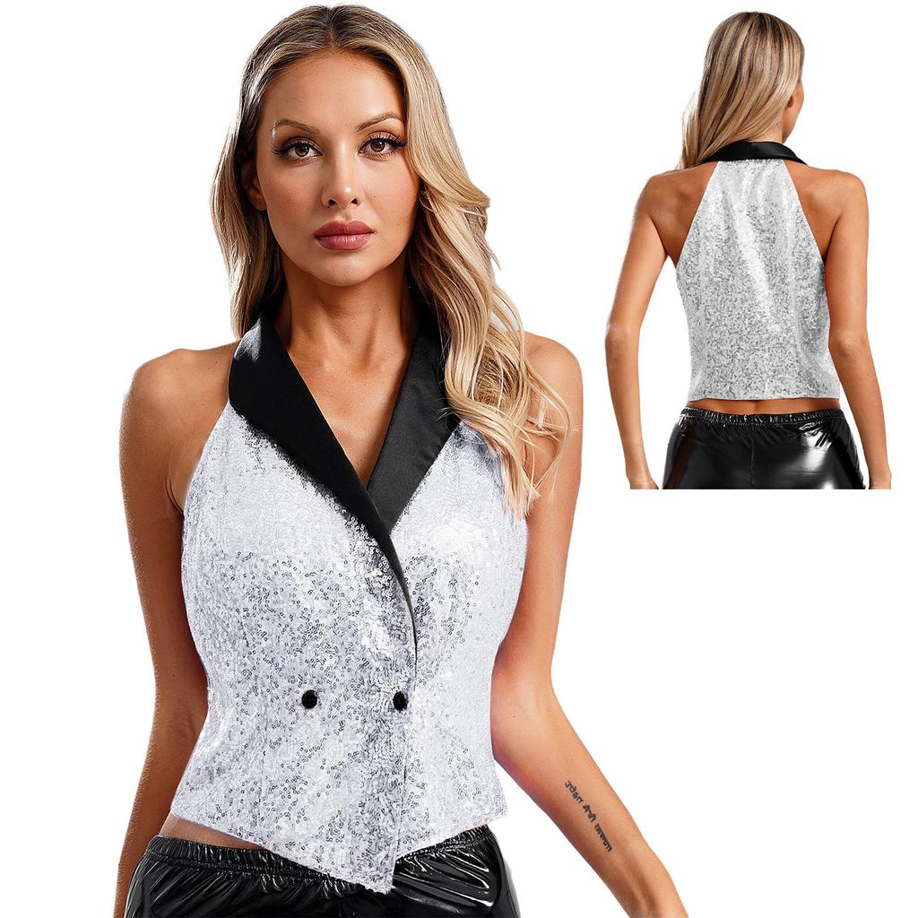Женские жилеты V-образный вырез Без рукавов Жилет Блестящие Пайеточные Костюмы Жилеты Клубная одежда Рейв Музыкальный Фестиваль Джаз Танцевальная Вечеринка Нарядные Топы