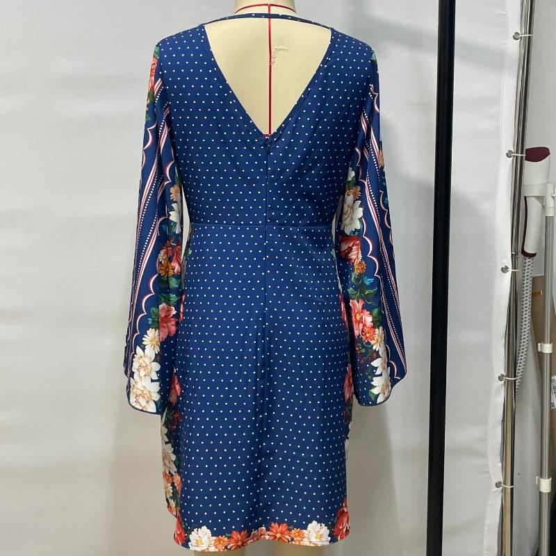 Deep V-neck Backless Long Sleeve Sexy Summer Dress Women Elegant Fashion Print Casual Short Dresses Women A Line Loose Waist Vintage Dress 25917