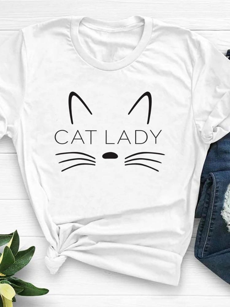 Милая кошачья мордашка с принтом для женщин Футболка с коротким рукавом и круглым вырезом Свободная женская футболка Женская футболка Топы Camisetas Mujer