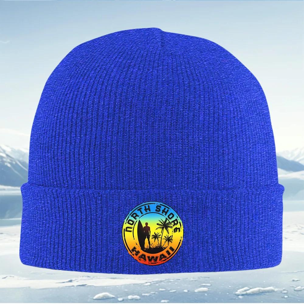 Surfer palm trees Hawaii beach logo Unisex Women Unisex Knitted Hat Beanie Pullover Cap Winter Thermal Warm Christmas Outdoor Cycli