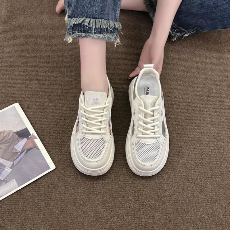 2024 Женская обувь Новые толстые подошвы сетчатые спортивные повседневные кроссовки сандалии белые плоские туфли на полой доске со шнуровкой на платформе теннис