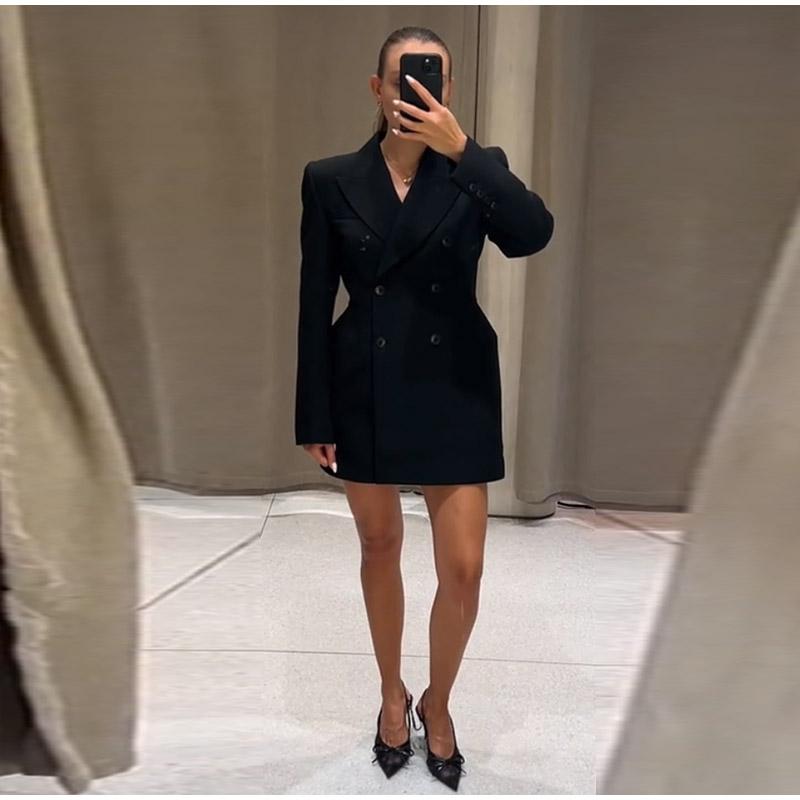 Элегантный двубортный черный пиджак, пальто для женщин, подплечники, отложной воротник, длинный рукав, куртка для офиса, поездок на работу, верхняя одежда, топы