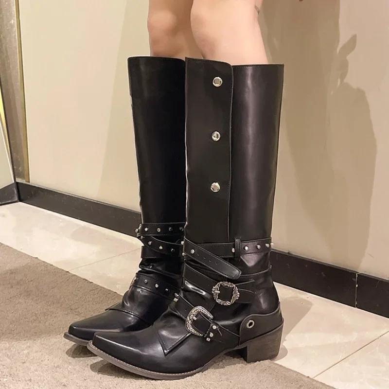 Fashion 2025 Spring and Autumn Long Boots New Pointed Spicy Girl Coarse Heel Fashion Boots Black Fashion Style Long Boots
