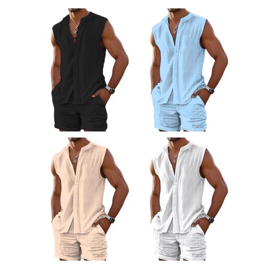 2 шт./комплект мужской летний наряд воротник-стойка без рукавов пуговицы планка рубашка топы широкие шорты комплект из двух частей костюм