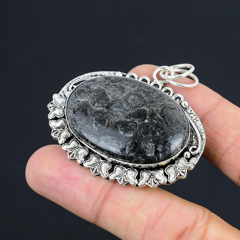 925 Sterling Silver Oval Root Chakra Black Fossil Coral Gemstone Mother Pendant