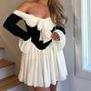 French Vintage Off Shoulder Dress Women Summer Fashion Slim Long Sleeve Slim High Waist Mini Dresses Girls Party Trendy Vacation Elegant Evening Dress