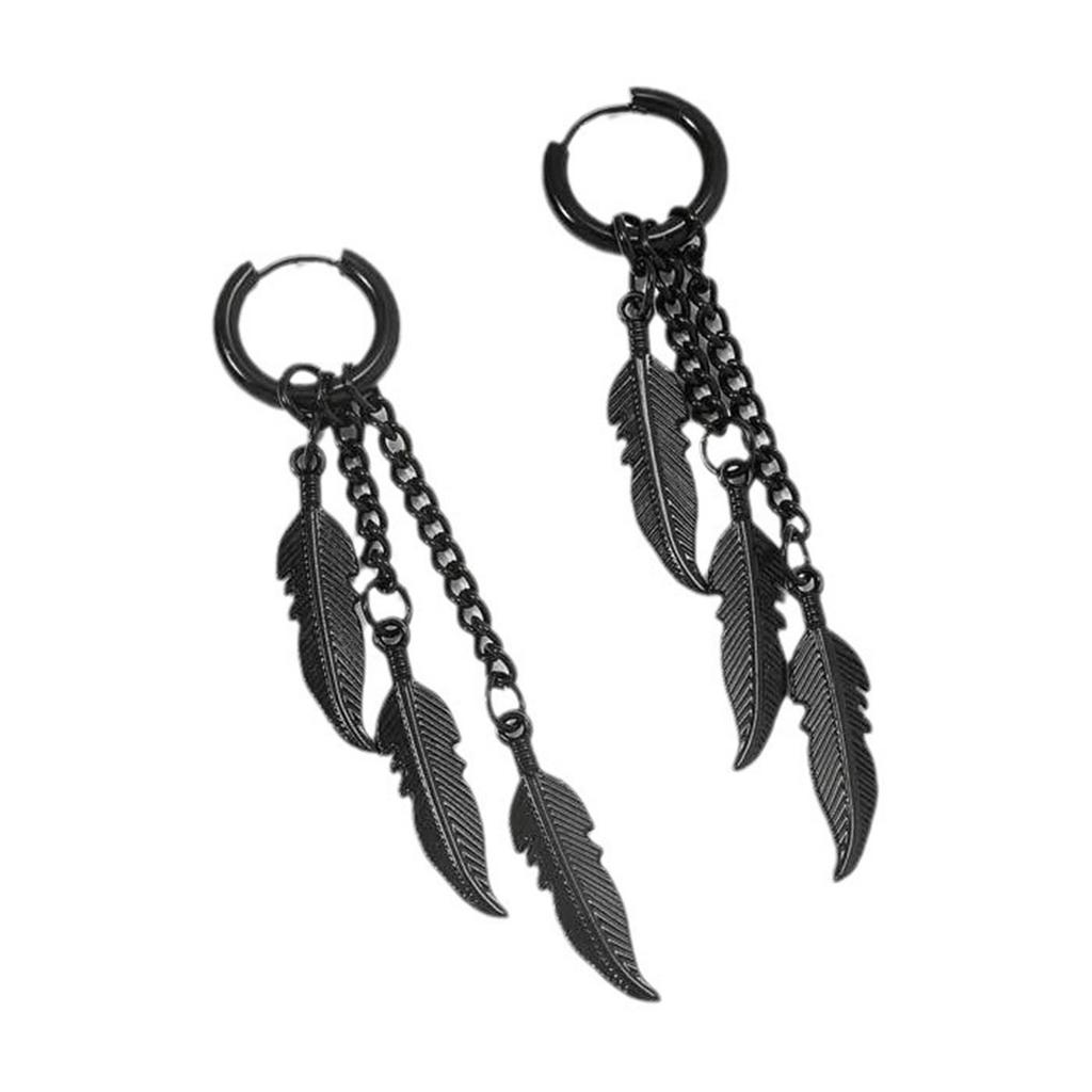 2pc Punk Colored Stainless Steel Feather Earrings, Leaf Chain Earrings, Long Earrings, Suitable For Women's Gatherings