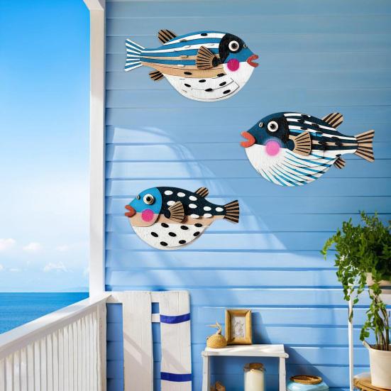 3Pcs/Set Puffer Wall Decoration Cute Decorative Wooden Globefish Rustic Cartoon Puffer Fish Wall Art Ornament for Living Room Bedroom Dining Room
