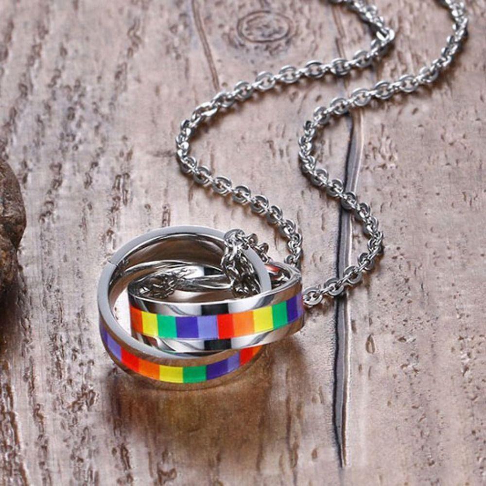 Colorful Rainbow Necklace Turkish Charm Titanium Steel Necklace Ring Pendant Necklace Couples