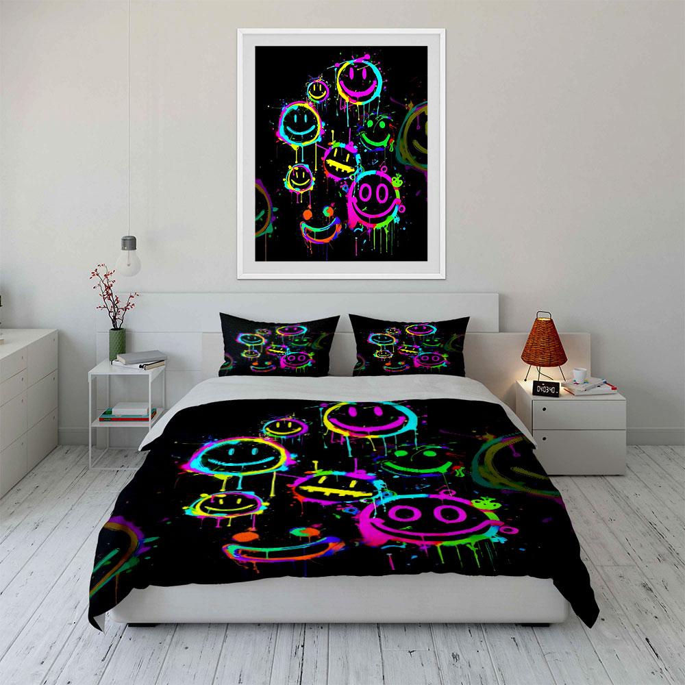 Colorful Neon Smiley Faces Pattern Bedding Duvet Cover Set (1*Duvet Cover 2*Pillowcases, without duvet insert)