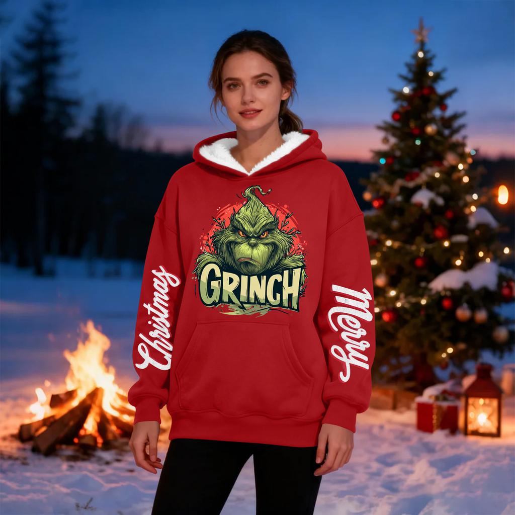 Women's Casual Fashion Plus Velvet Thickened Christmas Print Hooded Sweatshirt