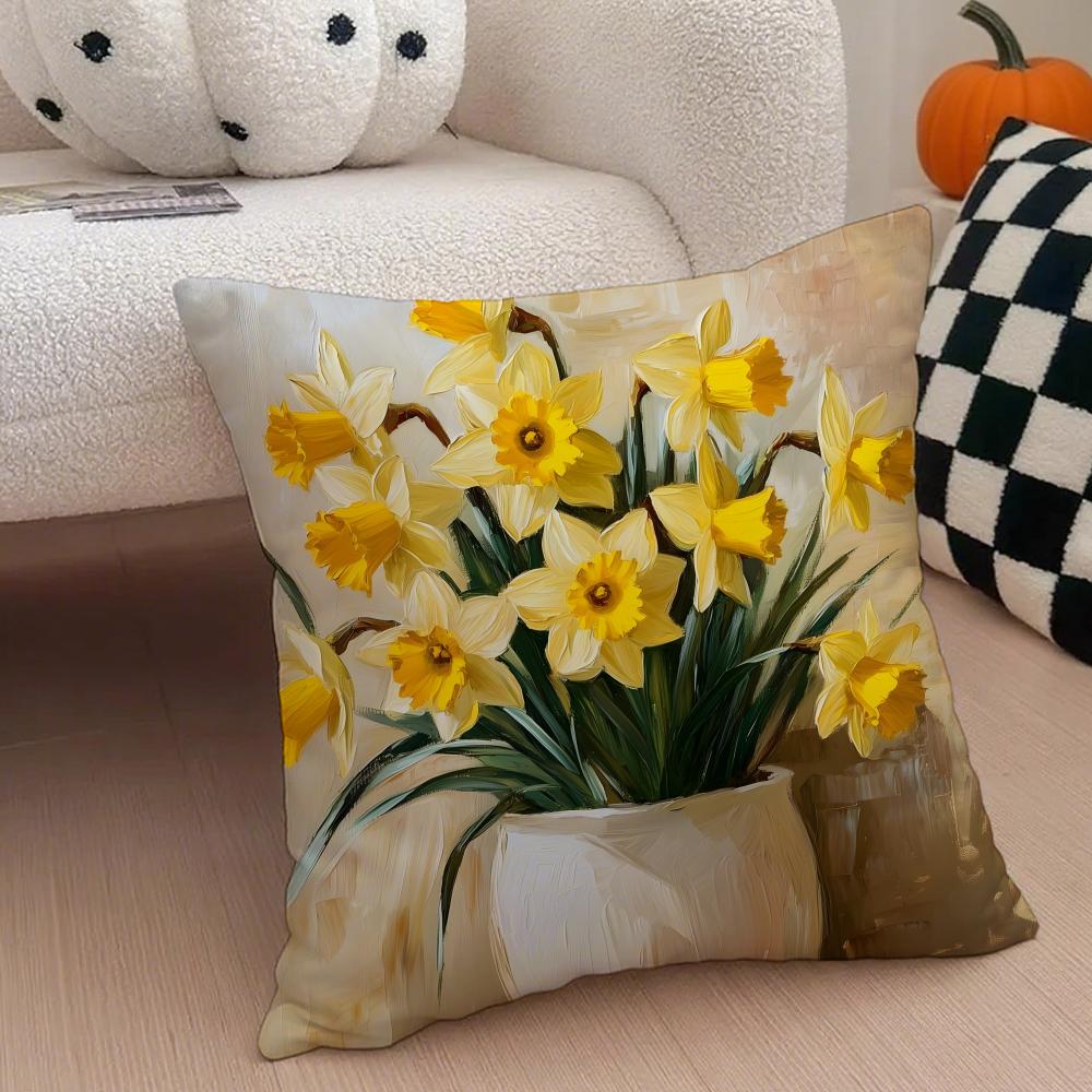 Warm bright yellow Daffodil Narcissus flowers Cushion Cover Throw Pillow Cover Hidden Button Durable Polyester Chair Cushion