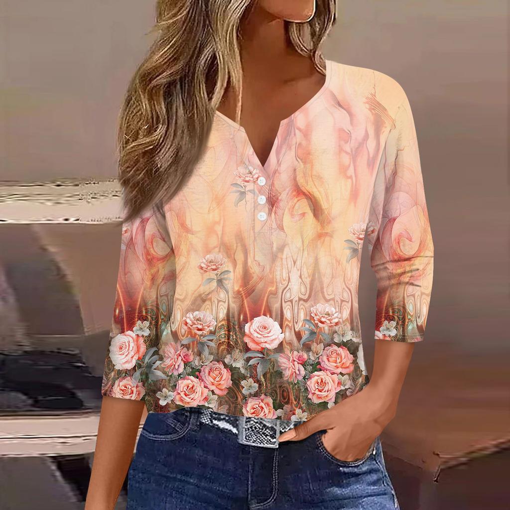 Жен. Футболка Футболка С принтом Пуговицы Рукав 3/4 Повседневные Выходные Мода Классический Классический V-образный вырез Обычный Верх