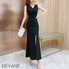 BEYANE Платье-русалка с разрезом, длинное, для кабаре, стрейч, повседневное, для работы, миди, женское, на подкладке, кабаре, длинное, макси, с корсетом, на бретелях, V-образный вырез, Женское платье, Платье, Клуб,