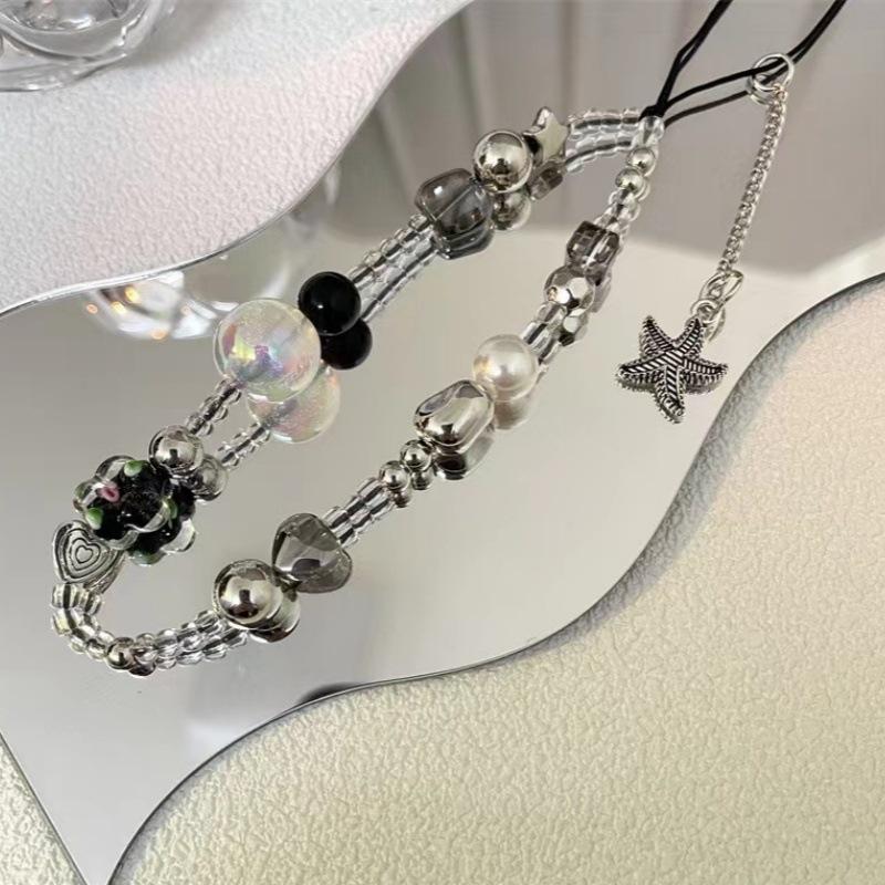Y2k Black Heart Pearl Beaded Phone Chain Hanging Cord Phone Charms Phone Strap Summer Handmade Mobile Lanyard Jewelry Gift 1
