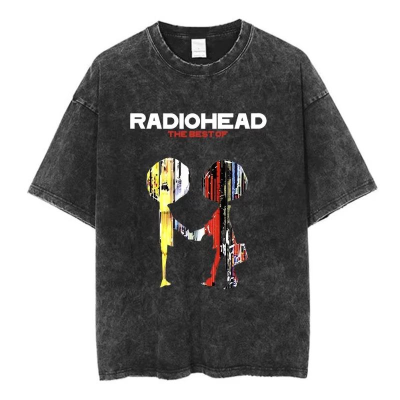 Radiohead OK Computer Винтажная стираная футболка Британская рок-группа Унисекс Хип-хоп Уличная одежда Чистый хлопок Модная Повседневная с коротким рукавом