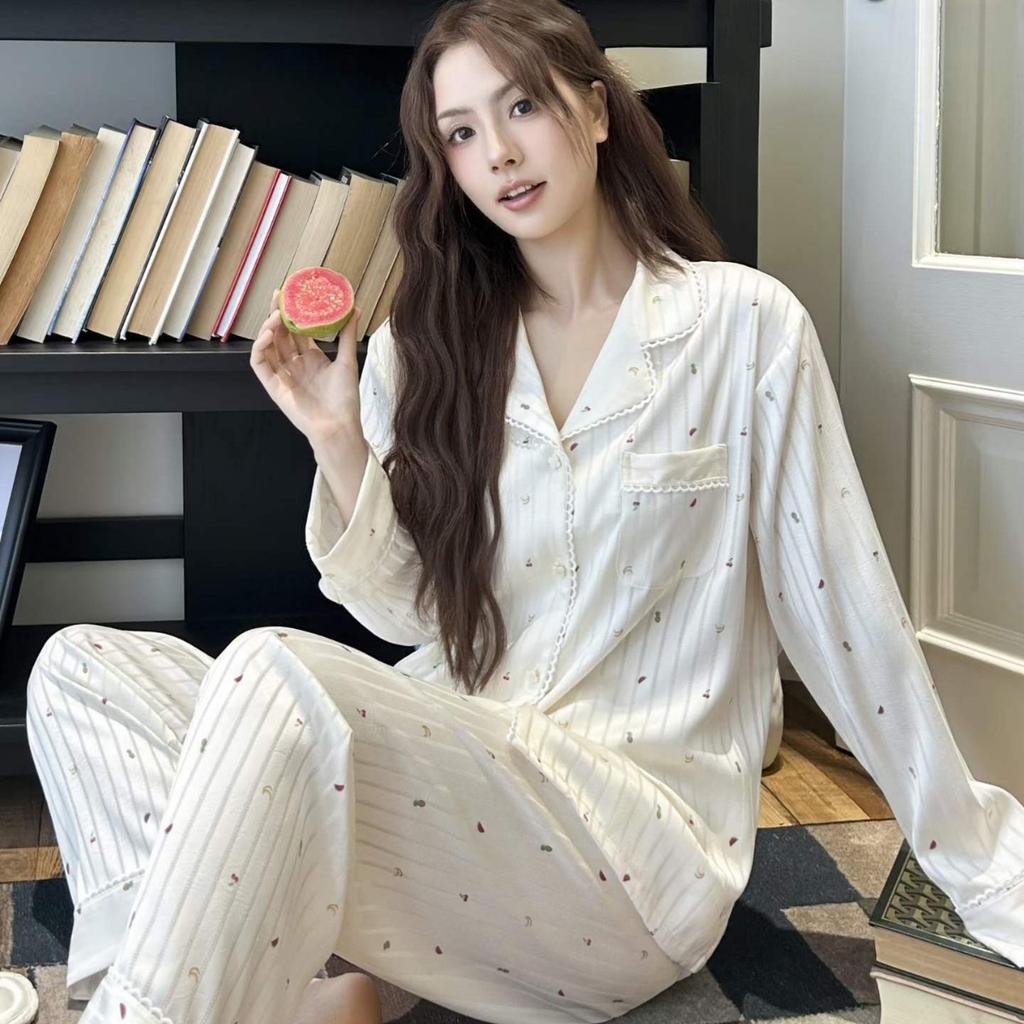 1011 New Ice and Snow Silk Pajamas Women's Spring and Autumn Simple and Fresh Loungewear Long Sleeve Korean Suit