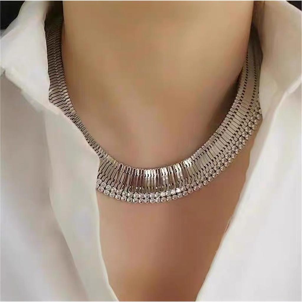 Tooxika Exaggerated Personality Wide Version Of The Strap Chain With Diamonds Necklace Light Luxury Temperament Choker Collarbone Chain Necklace