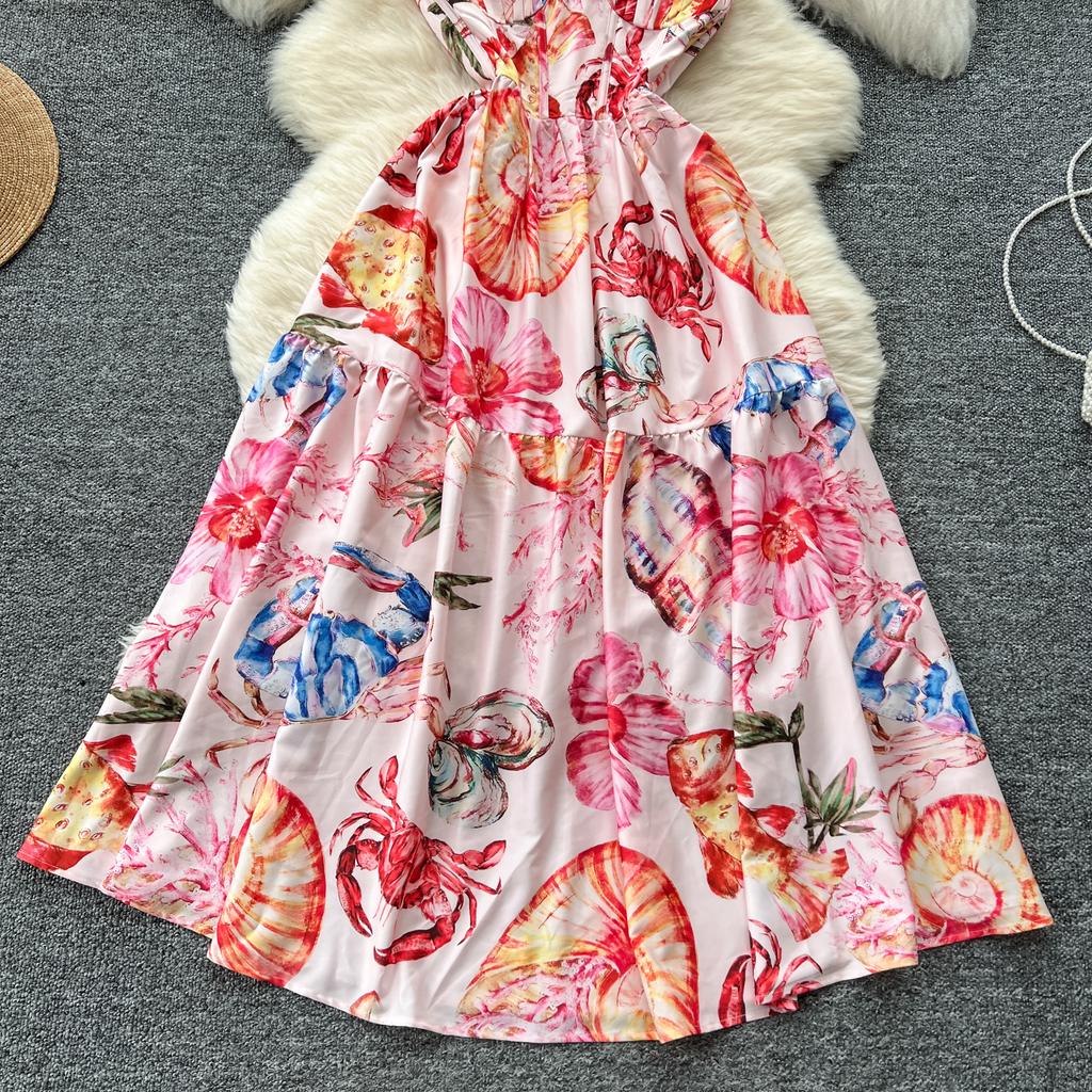 Summer Women Elegant Print Spaghetti Strap Long Maxi Party Dresses with Belt