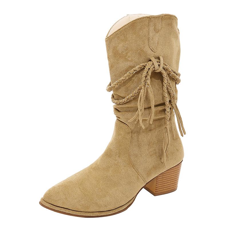 2025 осень ретро бахрома рыцарские сапоги толстый каблук, но сапоги до колена тонкий ворс остроносые сапоги женские