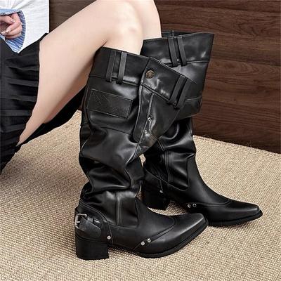 Ботинки Spice girl с широким голенищем женские 2025 новые французские высококлассные с острым носком на толстом каблуке рыцарские ботфорты