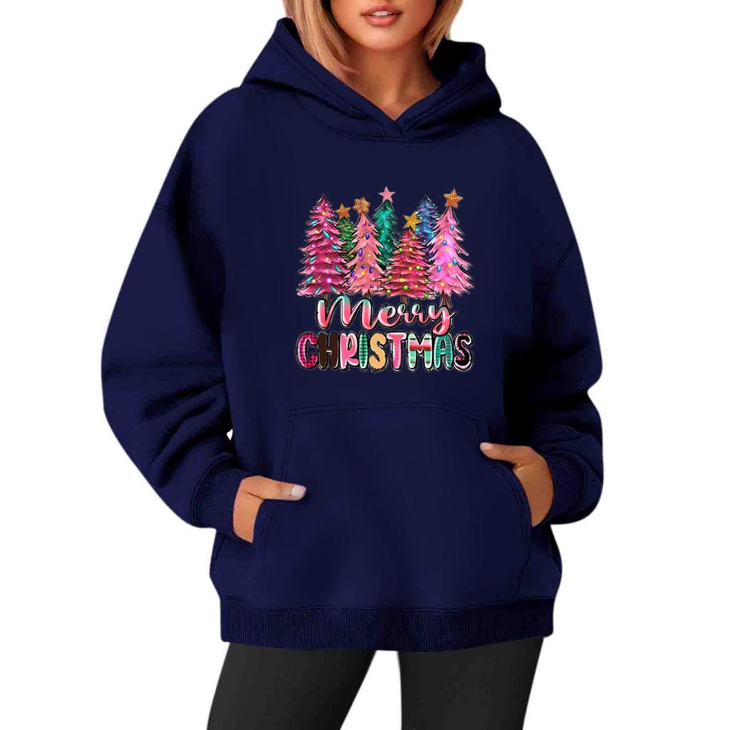 Women's Sweatshirts O-neck Long Sleeve Christmas Printed Top Solid Color Hoodie