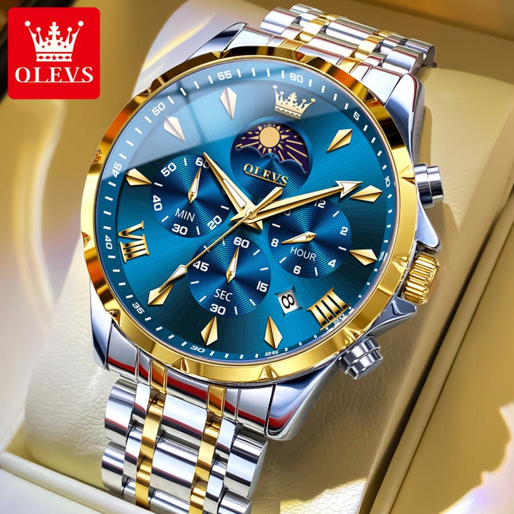 OLEVS New Mens Watches Classic 7 Hands Steel Strap Moon Phase Chronograph Date Waterproof Multi-function Quartz Wristwatch 3653