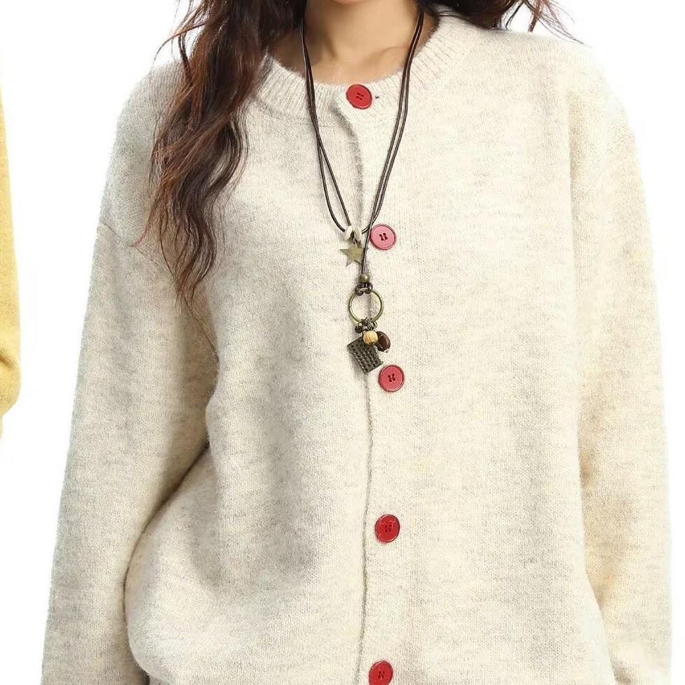 Женский мягкий вязаный кардиган Осень 2025 – Однотонный, с круглым вырезом, на деревянных пуговицах, свободного кроя, универсальный, пушистый кардиган-свитер