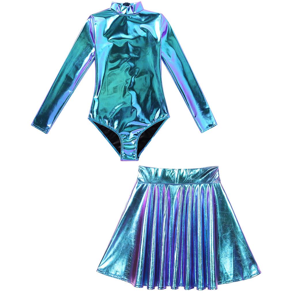Женские рейв-наряды с блестящим металлическим купальником с длинными рукавами и расклешенной юбкой для музыкальной вечеринки в клубе