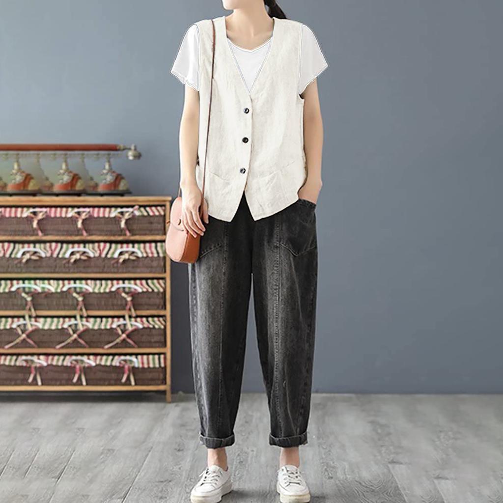 Women's Sleeveless Cotton Linen Vest Button Down V Neck Waistcoat Jacket
