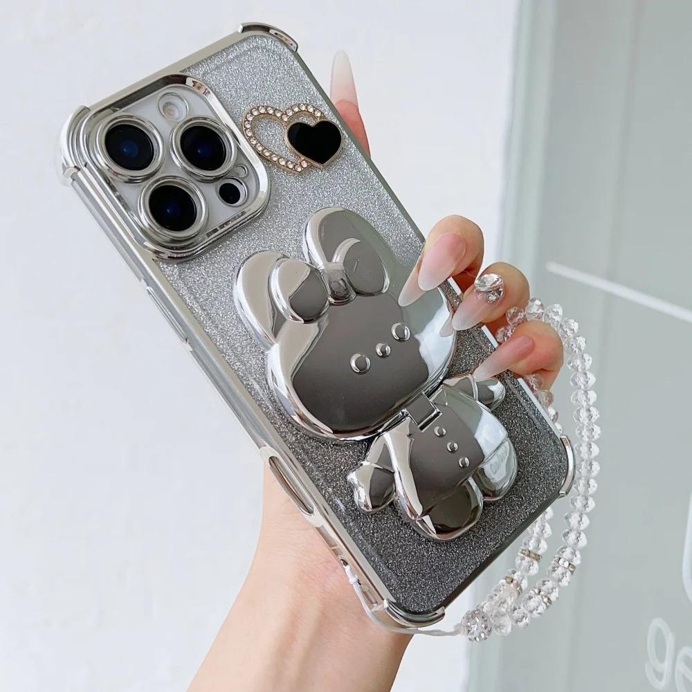Роскошный зеркальный чехол для телефона с цепочкой из кристаллов в виде кролика для Samsung A36 A56 A26 A16 A25 A06 A16 A05S A35 A55 A54 Противоударная крышка-подставка