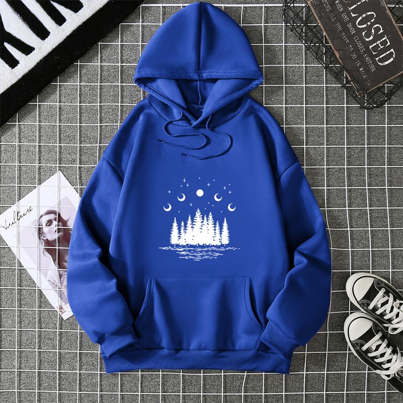 Hooded Dark Forest Print Letter Universe Faith Harajuku Hooded Women Hoodie O-neck Long Sleeve White Tops Female Clothing