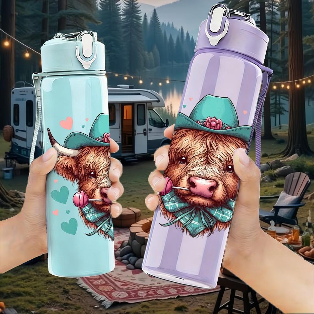 1PC Cowboy Hat Bull Head Vintage Pattern 750ml Color Plastic Sports Water Bottle Leakproof Flip Straw Lid Suitable for Sports Office Home Use