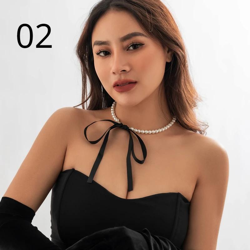 Trend Wedding Party Jewelry Long Black Ribbon Choker Necklace for Women Elegant White Imitation Pearl Beach Vacation Necklaces