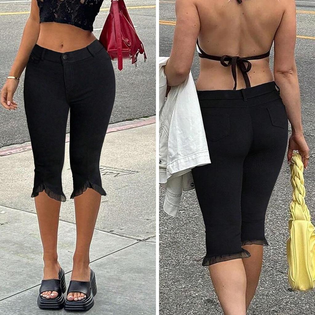 Rose Beauty A Women Rave Vintage High Waist Stretchy Slant Pocket Splicing Lace Trim Hem Skinny Capri Pants Sexy Casual Knee Length Trousers