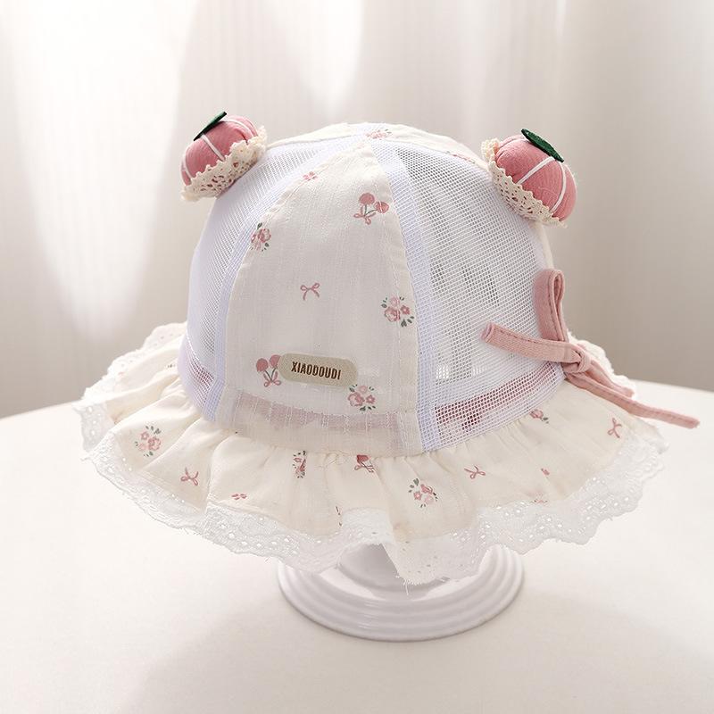 Baby Girl Summer Breathable Mesh Bucket Hat 5-18 Months Lace Trim Pumpkin Decor Sun Protection Cap