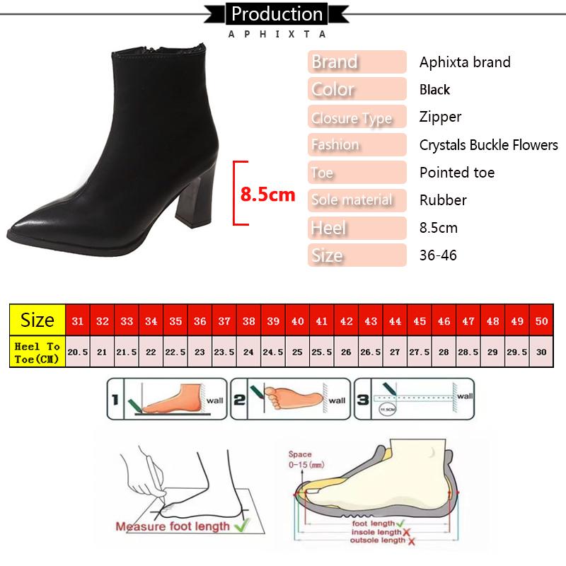 Fashion Aphixta Black Winter Zipper Warm Plush Ankle Boots Women 8.5cm Square Heel Zip Lady Footwear Shoes Super Big Size 44 45 46