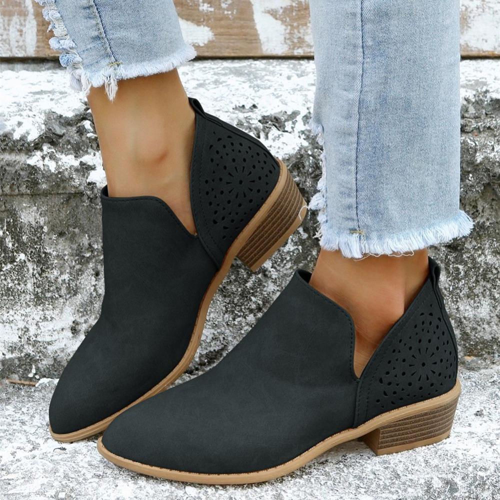 Женские ботильоны с V-образным вырезом до щиколотки, туфли с массивным каблуком и острым носком с вырезами, женская обувь