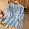 Three-quarter Sleeve Embroidered Cotton and Linen Blouse Literary Retro Cotton and Linen T-shirt Loose Casual All-match