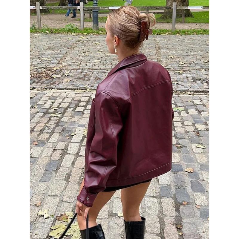 Весна и осень женская куртка с длинным рукавом из искусственной кожи с лацканами на молнии в стиле ретро, мотоциклетное пальто, свободная повседневная модная уличная одежда