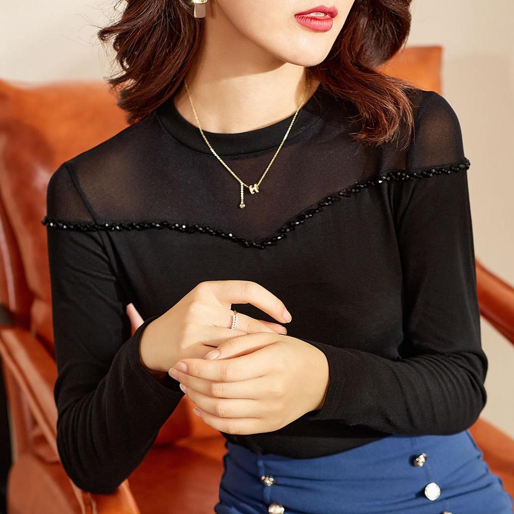 Women's Retro Beaded Black Mesh Long Sleeve Slimming Top - 2023 Spring/Autumn Collection