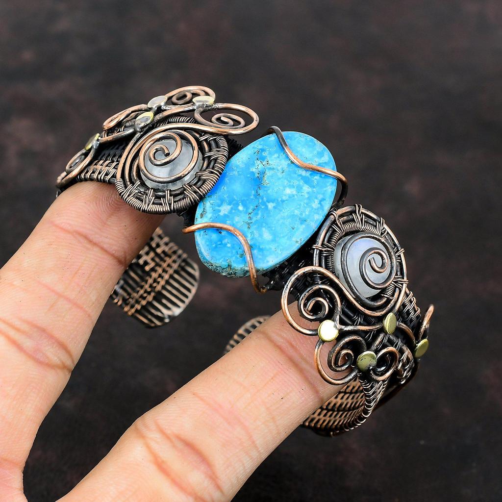 Аризона, бирюзовый браслет, браслет-манжета с драгоценными камнями, медная проволока, обернутая Радужным браслетом из лунного камня, ювелирные изделия ручной работы, регулируемые манжеты, подарок для женщин